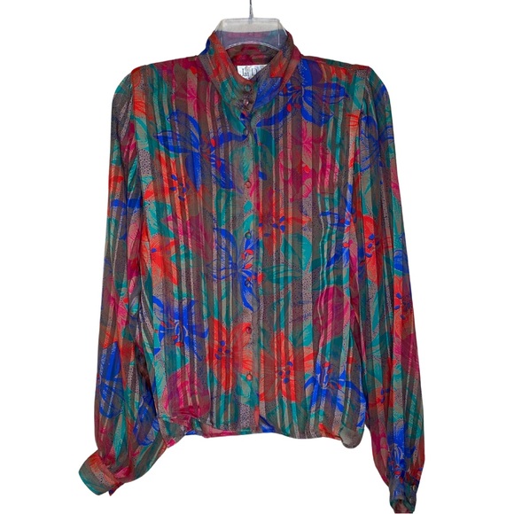 Vintage Colorful Floral Satin Striped Studio Retro Poet Blouse Holiday Top (M) - Picture 6 of 10